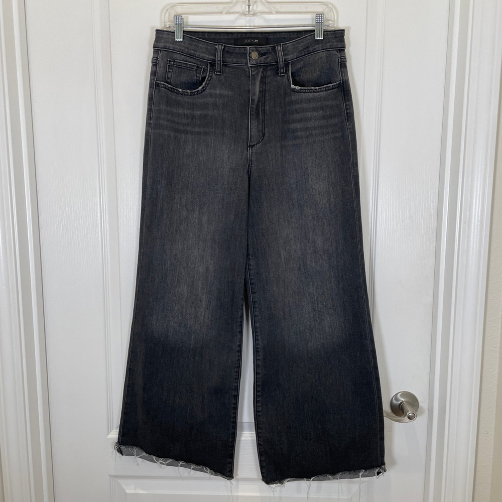 Joes Jeans Wide Leg Cropped Raw Hem Faded Black Denim‎ Distressed High Rise 30